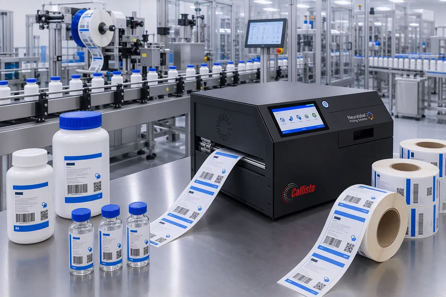 Een NeuraLabel Callisto drukt etiketten met barcodes aan een farmaceutische verpakkingslijn