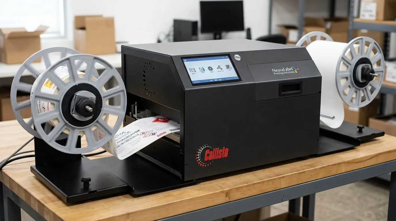 Een NeuraLabel Callisto met af- en opwikkelaar op een werkbank, met het touchscreen in beeld en een strook GHS-etiketten uit de printer