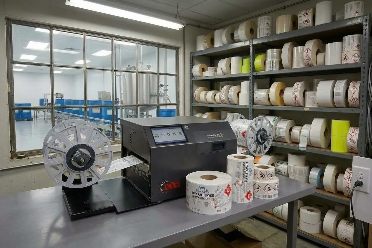 Industriële labelprinter met afwikkelaar naast rollen etiketten met gevarenpictogrammen, in een etikettenruimte met zicht op de productie